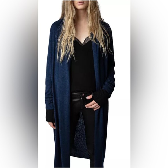 NWT Zadig & Voltaire Rona 100% Cashmere Cardigan in Navy Missing Belt Size Small - Picture 1 of 16